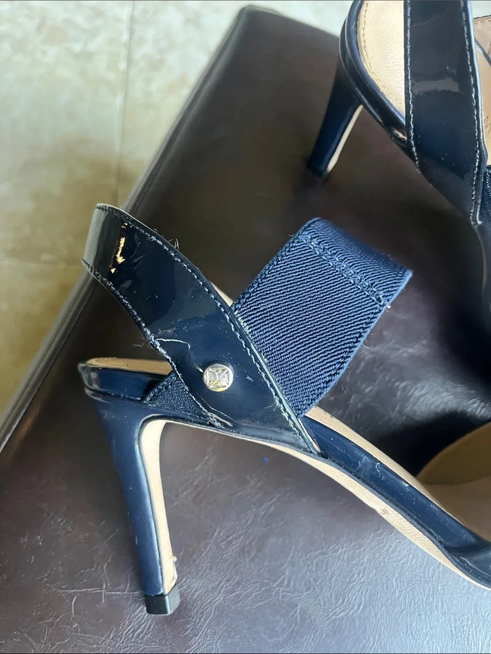 ANTONIO MELANI Navy Patent Slingback Heels with Wide Elastic Strap 6.5
